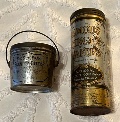 2 Antique TIN FOOD BOXES Old Salvage Metal Containers Silver Gold Paint Rusty