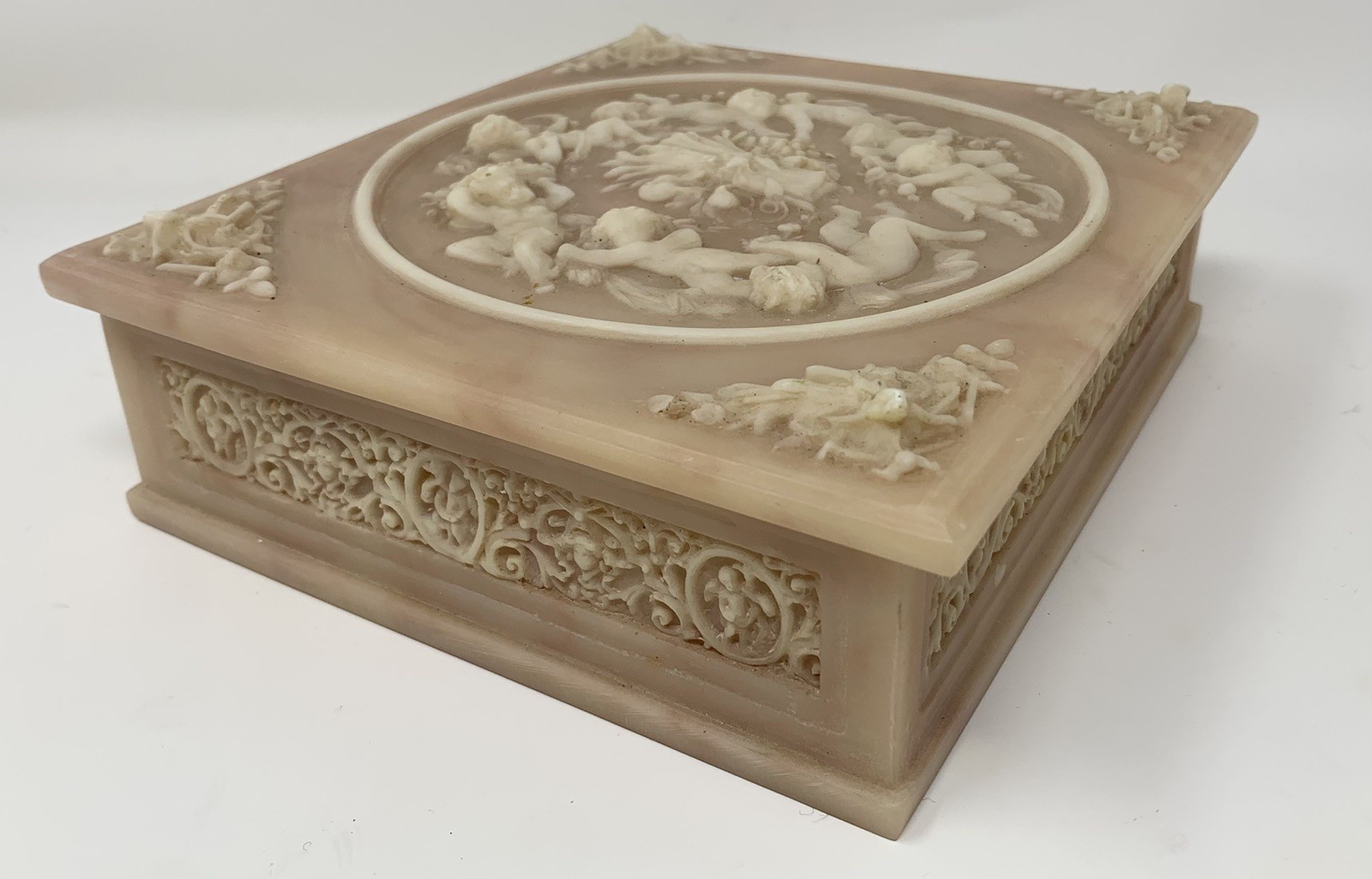 Vintage Incolay Stone Composite Jewelry Box With Tray Cherub Angels ...