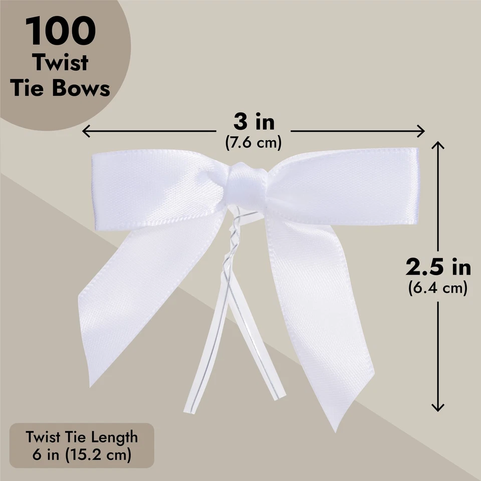 100-Pack White Satin Ribbon Twist Tie Bows for Gift Wrapping Crafts, 2.5x3 in - Image 4 of 4