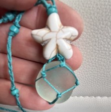 Natural Sea Glass Necklace Carribean Boho Beachy Ocean Starfish Stainless Clasp