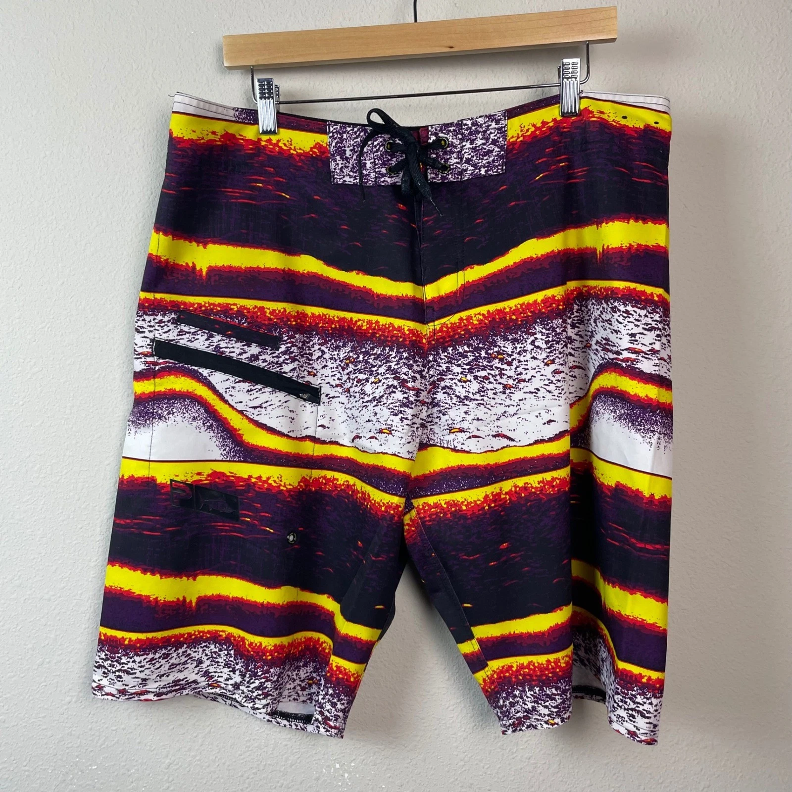 Pelagic 4TEK Board Shorts Mens 36 Purple Yellow Sonar Print Fishing Trunks Surf