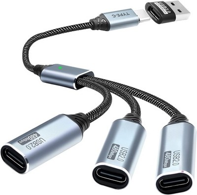 USB C Splitter 3 in 1 Hub Type C Male to 3 Female 480Mbps Data Charging 0.8FT