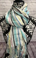 Unisex Multicolored Striped Woven Fabric Rectangular Fringed Scarf/Shaw 28”x75”