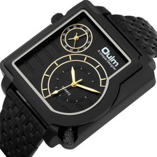 Oulm Men's Quartz Watch Dual Time Zones Wristwatch Square Dial Steel Strap Watch