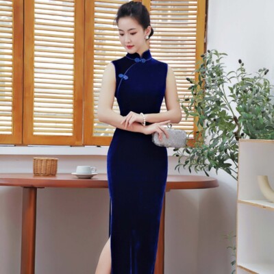 lady Chinese Traditional Cheongsam Dress Velvet Long Qipao Bodycon Retro Dress