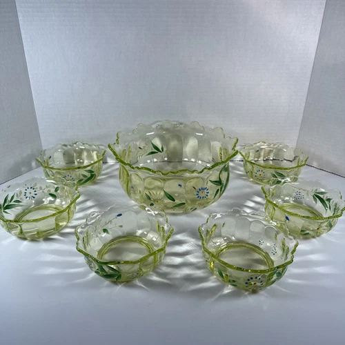 7 Pc. Depression Vaseline Uranium Glass Fruit/Dessert Berry Bowl Set Handpainted