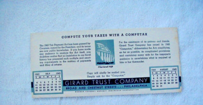 1943 vintage ink blotter Girard Trust Company Philadelphia Tax computation theme