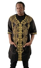 Mens Black Dashiki with Gold Embroidery. Size - L, Ships Free.