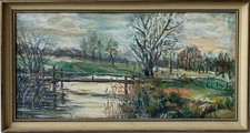 Dipinto Impressionista Anonimo Paesaggio Con Lago Ponte E Case 46 X 86 Cm