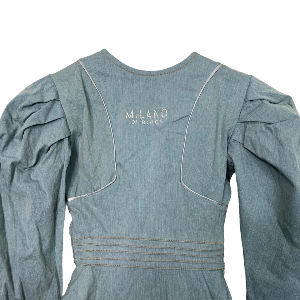 Milano Di Rouge Bday Dress Body Con Mini Puff Long Sleeve Stretch Denim Size XS - Image 3 of 4