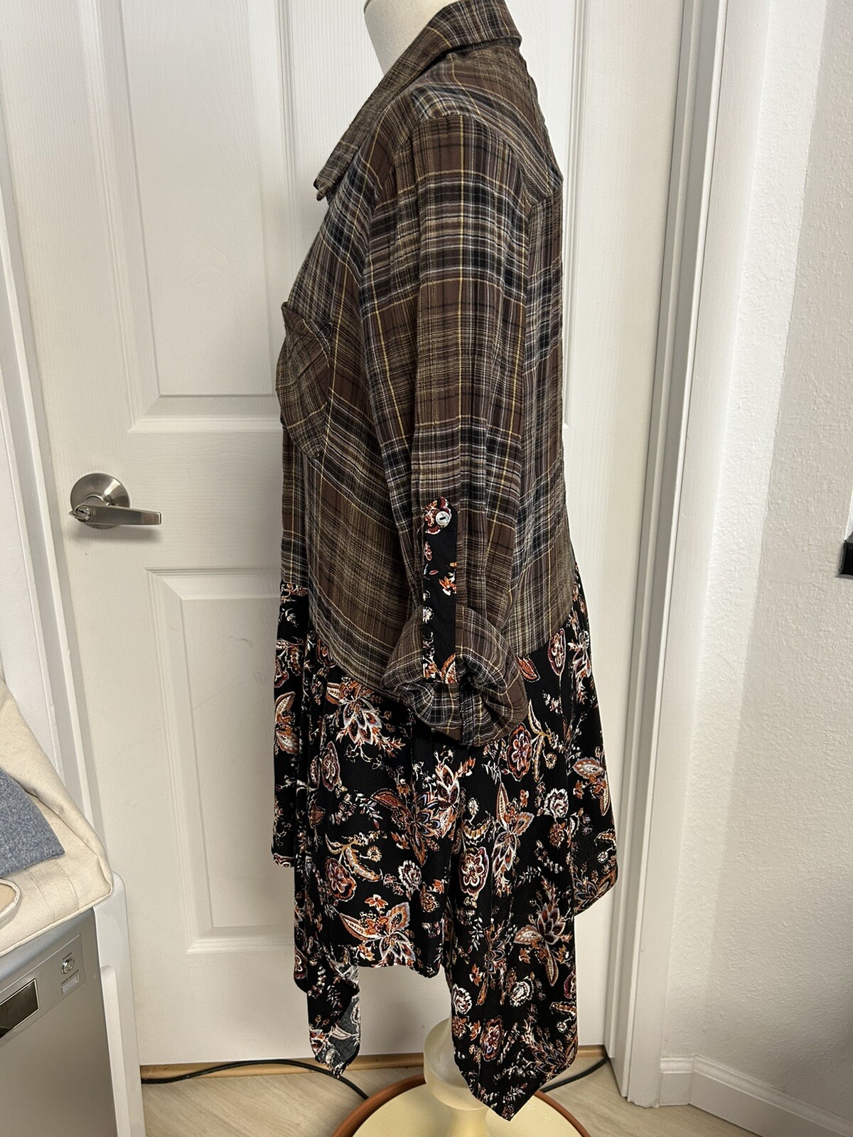 Oddy Plaid Floral Mixed Medium Button Tab Sleeve Shirt Womens eBay