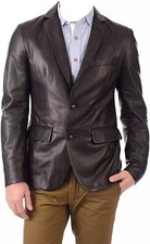 Men's Genuine Lambskin 100 Real Leather Black Blazer Two Button Coat Jacket