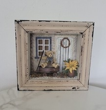 Vintage Shadow Box Wall Picture Teddy Bear in Rustic Wagon Antique White Frame