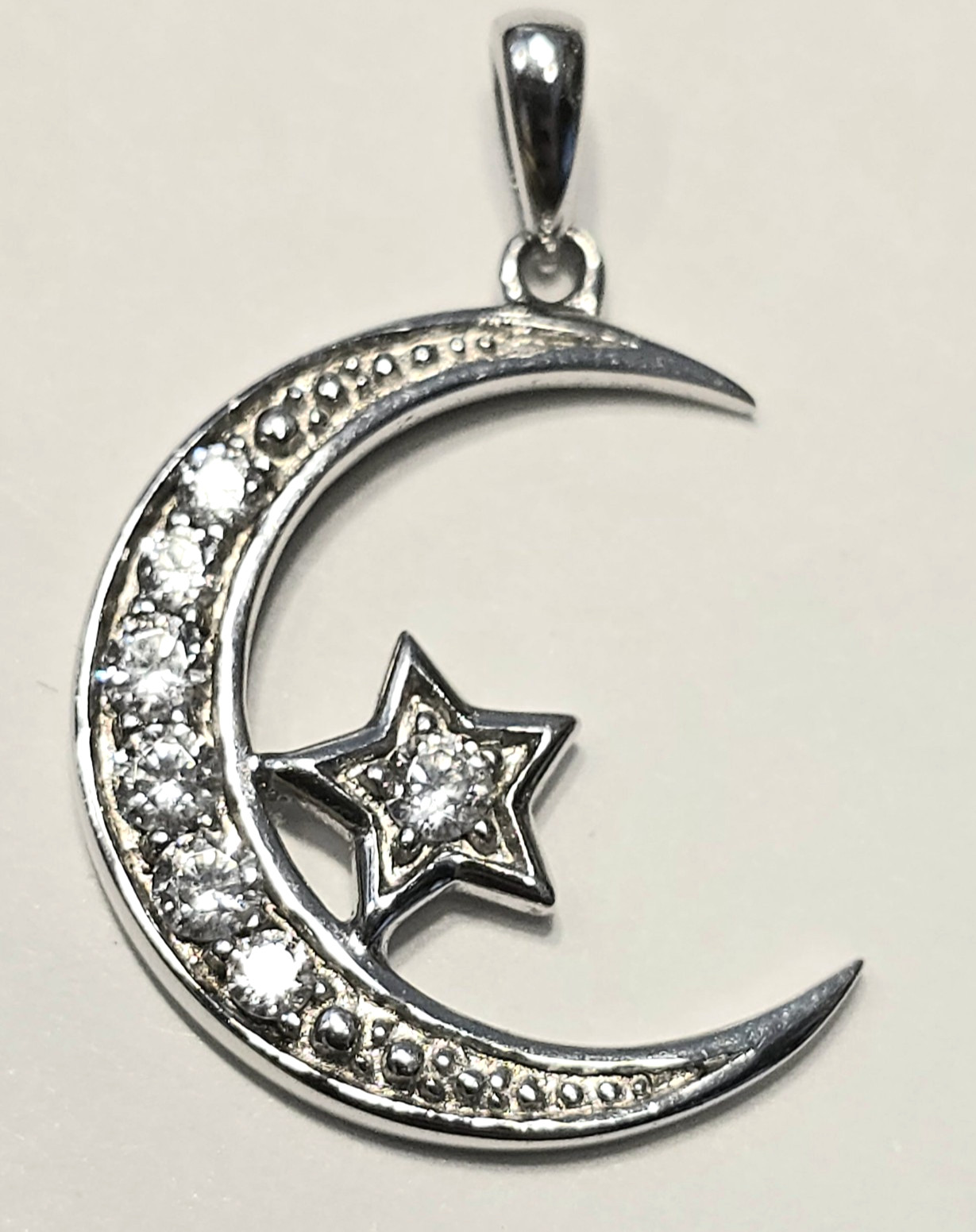 Solid Sterling Silver Crescent Moon Star Pendant … - image 1