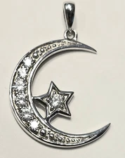 Solid Sterling Silver Crescent Moon Star Pendant CZ Astrology Rhodium Plated