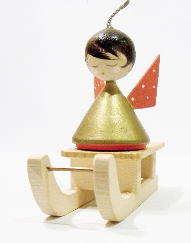 Erzgebirge Style Italy Angel Girl on Sled Wooden Wood Vintage Christmas Ornament