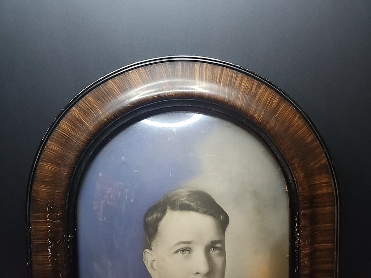 Antique Convex Bubble Glass Wood Frame Chicago Portrait Co. Young