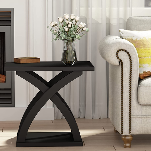 Mesa auxiliar moderna con estante de almacenamiento Mesa auxiliar diseño X negra - Imagen 4 de 12