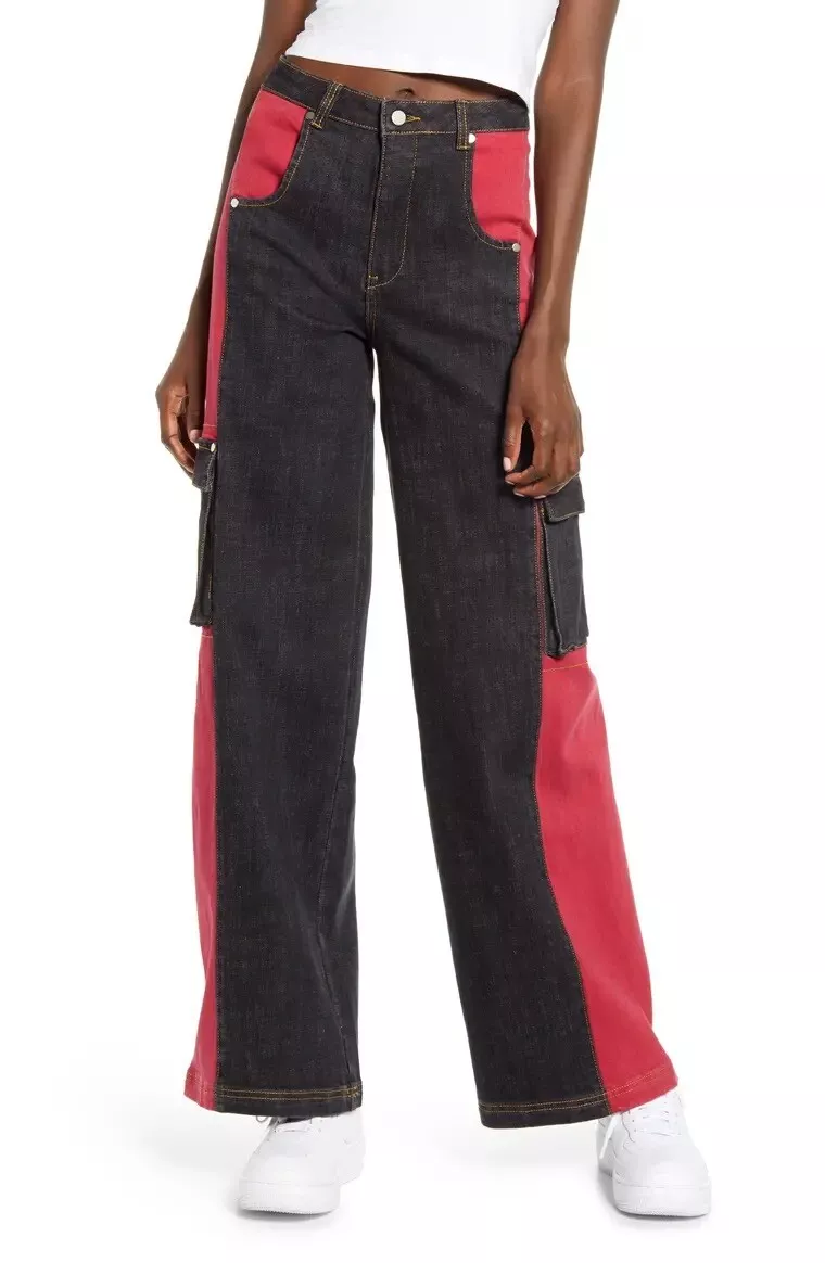 NEW I AM GIA Bessi High Waist Wide Leg Cargo Jeans Black Red Small