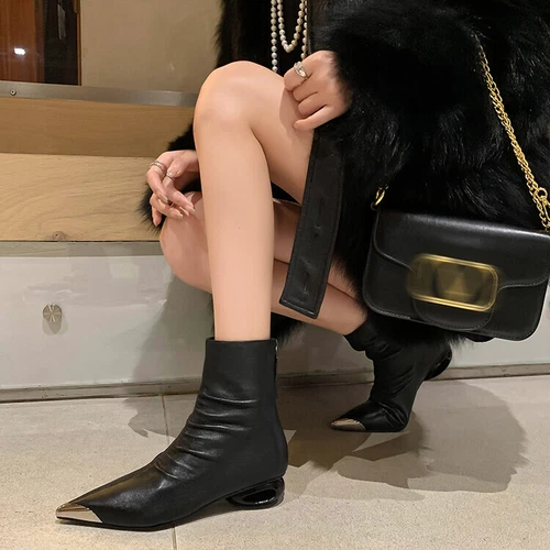 Womens Leather Metal Pointy Toe Draped Mid Heel New Bootie Ankle Boots Shoes - Bild 7 von 17