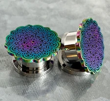 PAIR Rainbow Tribal Flower Top Design Steel Screw Fit Tunnels Plugs Body Jewelry