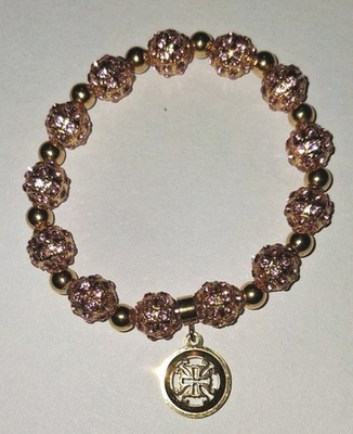 Rustic Cuff Bracelet Beaded Stretch Pink Crystal Gold Tone Beads Charm