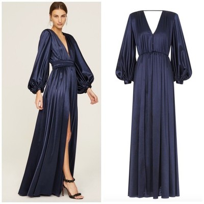 Bronx & Banco Größe S Zoe Mitternacht Blau Satin Langärmelig Plunge V-Neck Kleid