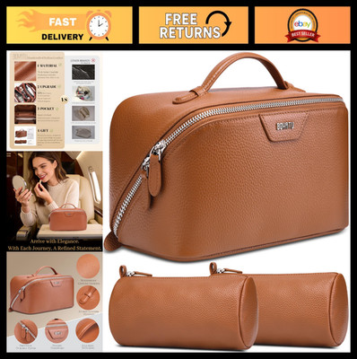 Large Capacity Genuine Leather Makeup Bag Set - 3 Pcs Waterproof Cosmetic Organi