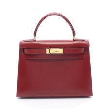 HERMES Kelly 28 Schulter Handtasche Box Kalbsleder Rot Rouge vif Gebraucht Da...