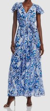 Eliza J Women's Blue V-Neck Flutter-Sleeve Belted Maxi Dress Size 6