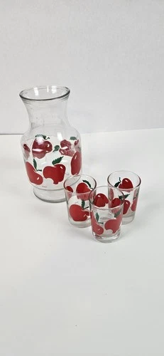 Vintage ANCHOR HOCKING Orange Juice Carafe Pitcher with 3 glasses 80’s Retro