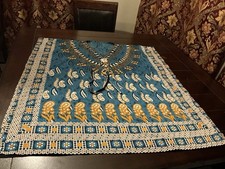 Polyester Dashiki poncho caftan Paisley Flower Border Print On Blue drawstring,