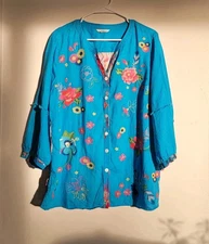 John Mark Electric BlueLinen Embroidered Floral Blouse 3/4 Puff Sleeve XL