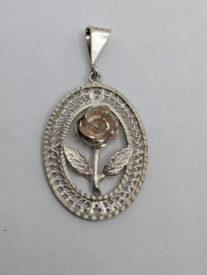 Delicate Sterling Silver 925 Rose Flower Filigree Oval Pendant - Turkey