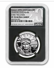 U.S. Mint American Eagle $100 1 oz .9995 Platinum Coin NGC PF70 UC Random Yr 2500.00 per troy oz