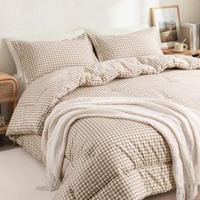 Queen Comforter Set Modern Plaid Checkered Bedding Tan Gingham Brown Grid Bed