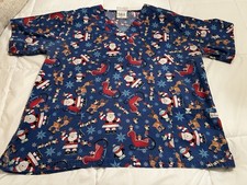 UA Scrubs LARGE Christmas Santa Print Scrub Top Blue Red Cotton Polyester