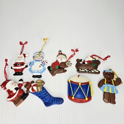 Vtg 1970s Flat Plaster Ornaments Santa Mrs Claus Christmas Hand Painted Lot Of 8