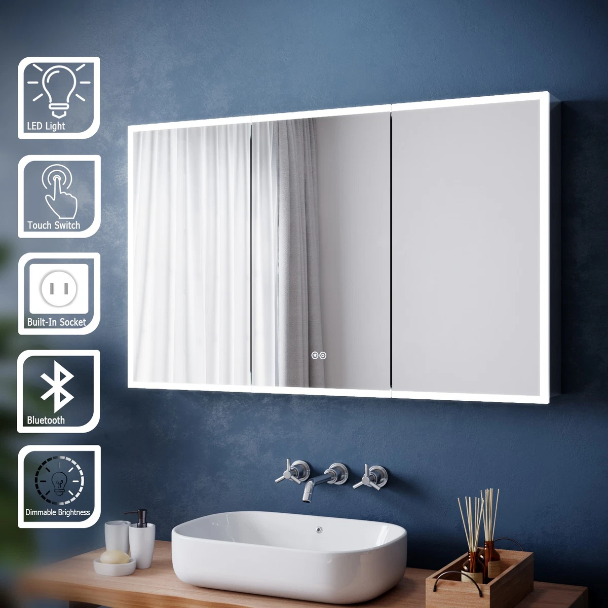 Smart LED Bathroom Mirror Cabinet Bluetooth Demister Shaver Socket Touch Control