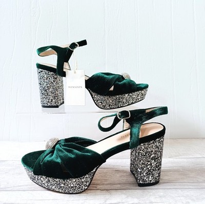 Monsoon Damenschuhe Größe 5 grün Samt Glitzer Absatz offene Zehenpartie Plateau Abschlussball