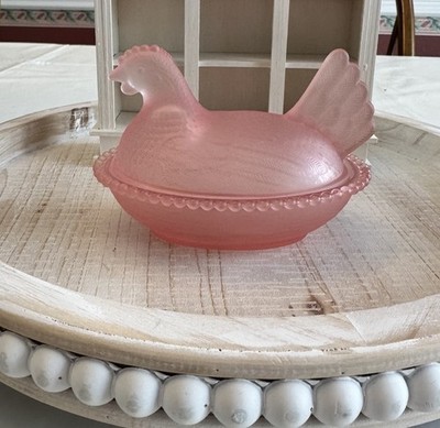 Satin Pink Hen On Nest By Rose's Closet, W/ Box & Sticker, Real Glass Hen