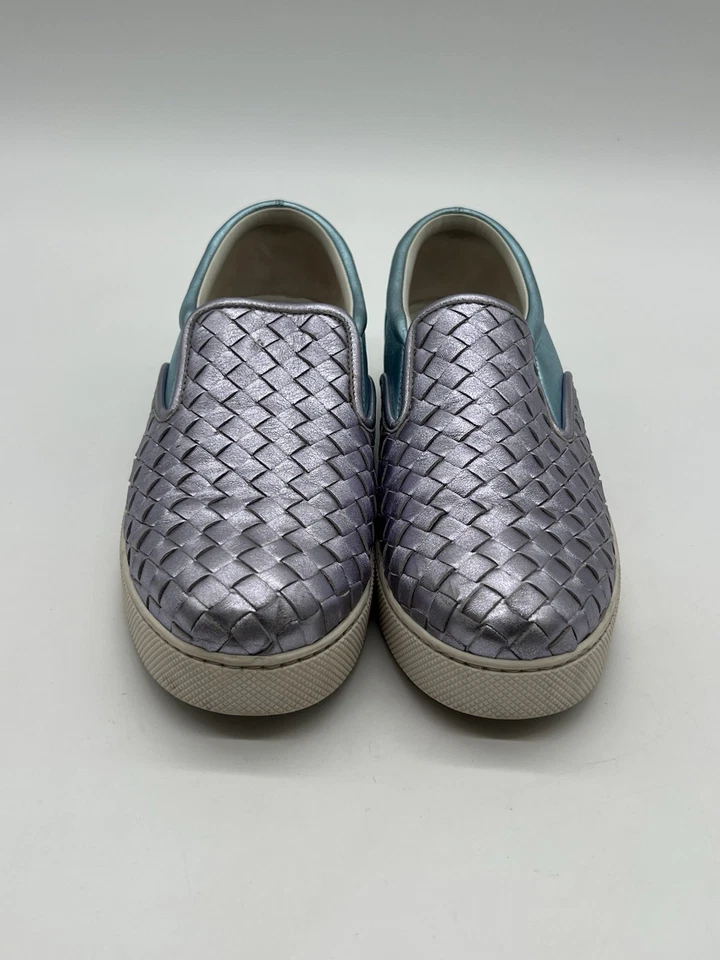 Женские серые зеленые металлические тканые кожаные туфли Bottega Veneta размер 39,5 США 9,5 Dodger - Изображение 2 из 4