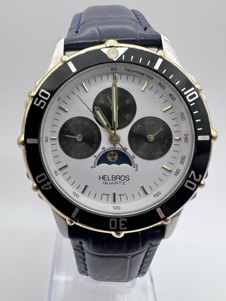 Vintage Rare 90's Helbros Panda Tachymeter Sun Moon Phase Triple