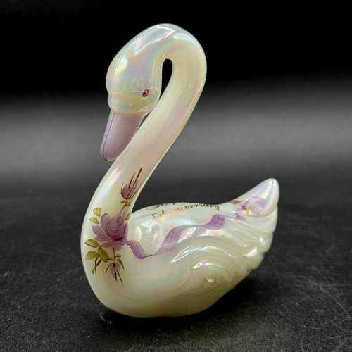 Vtg. Fenton White Iridescent Swan Figurine/Paperweight Hand-Painted Purple Roses