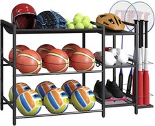 Sports Equipment Organizer, 3 Tier Ball 15.7"D x 50.4"W x 30.3"H, Black