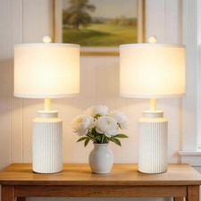 22" Modern Ceramic Table Lamp Set of 2 for Living Room, Rustic Farmhouse White