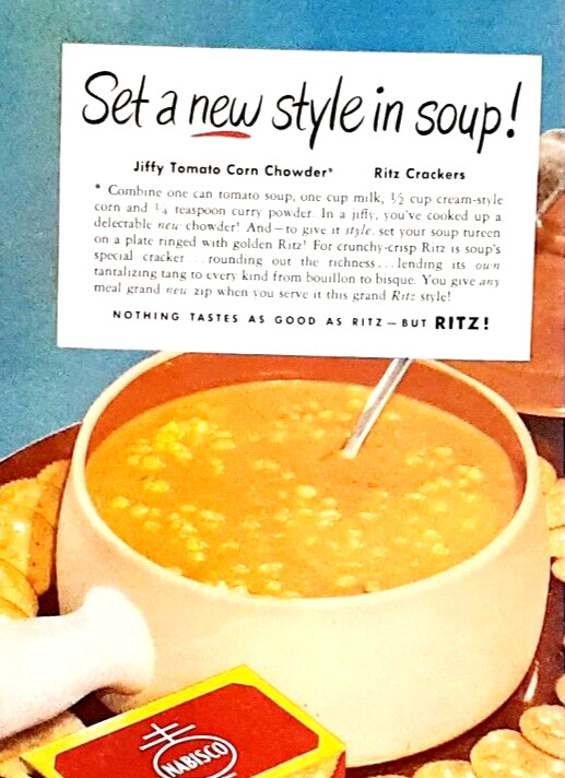 Ritz crackers soup ad vintage 1948 original corn chowder recipe advertisement