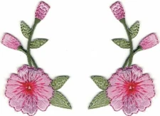 Pair of Long Pink Carnation Flower Floral Embroidery Patch