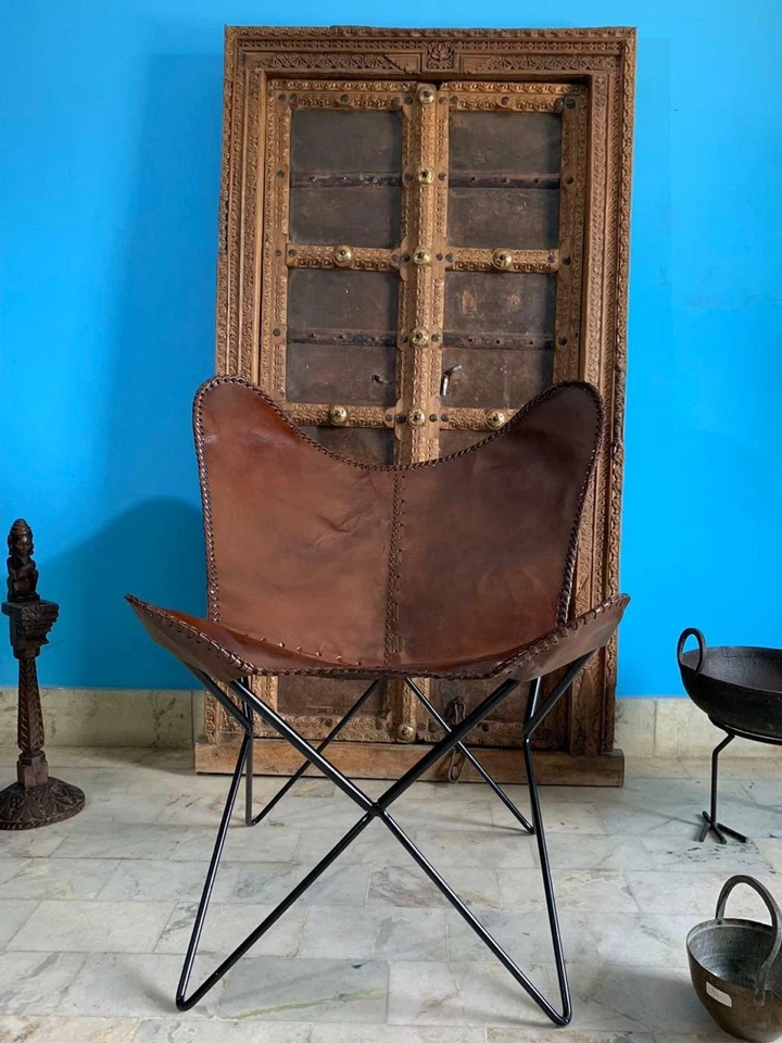 Rústico Retro Metal Industrial Asiento Marrón Vintage Aged Cuero Mariposa Silla - Imagen 2 de 4