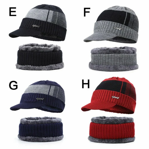 Outdoor Warm Winter Peak Peaked Beanie Visor Fleece Lined Hat Cap With Scarf - Picture 9 of 28